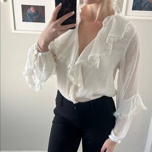 Zara White Ruffle Blouse